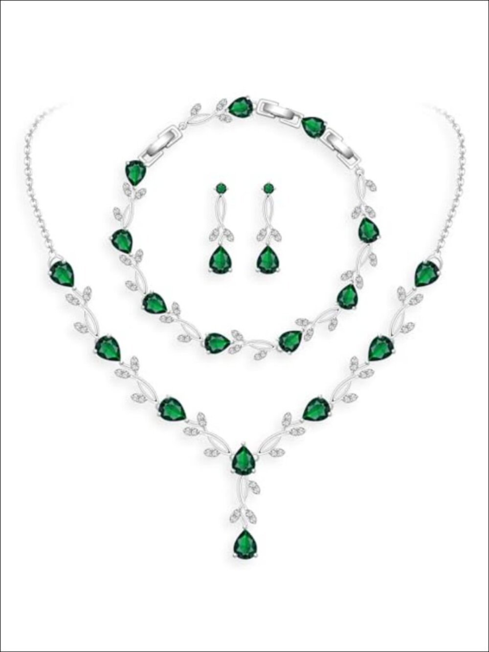 Platinum Plated Created Emerald Rose Jewelry Set Necklace Earrings Bracelet